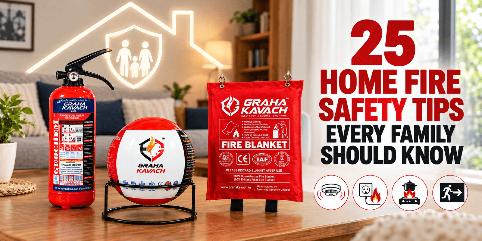 Family checking a fire extinguisher at home, illustrating home fire safety tips