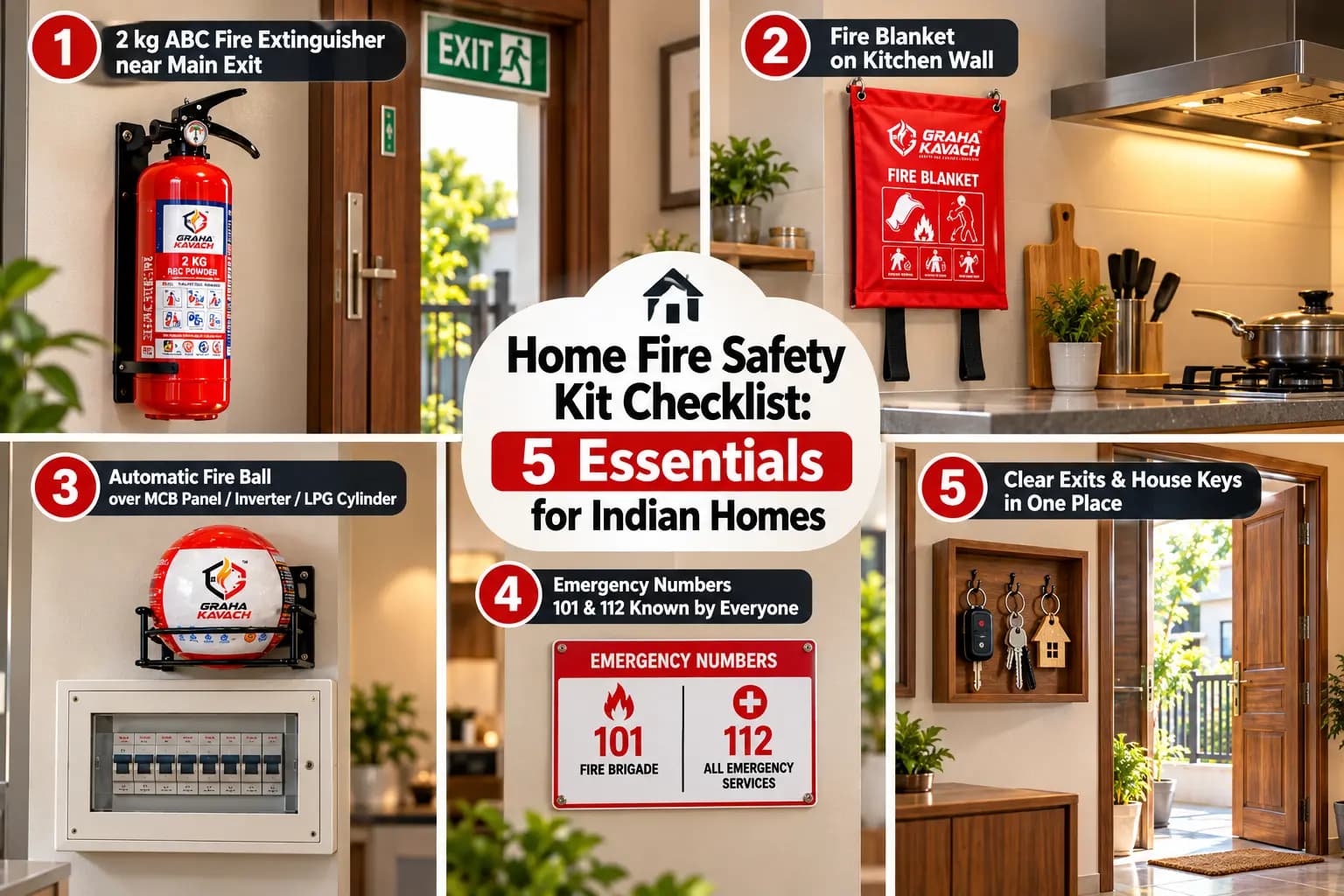 Home fire safety kit checklist with a fire extinguisher, fire blanket and fire ball