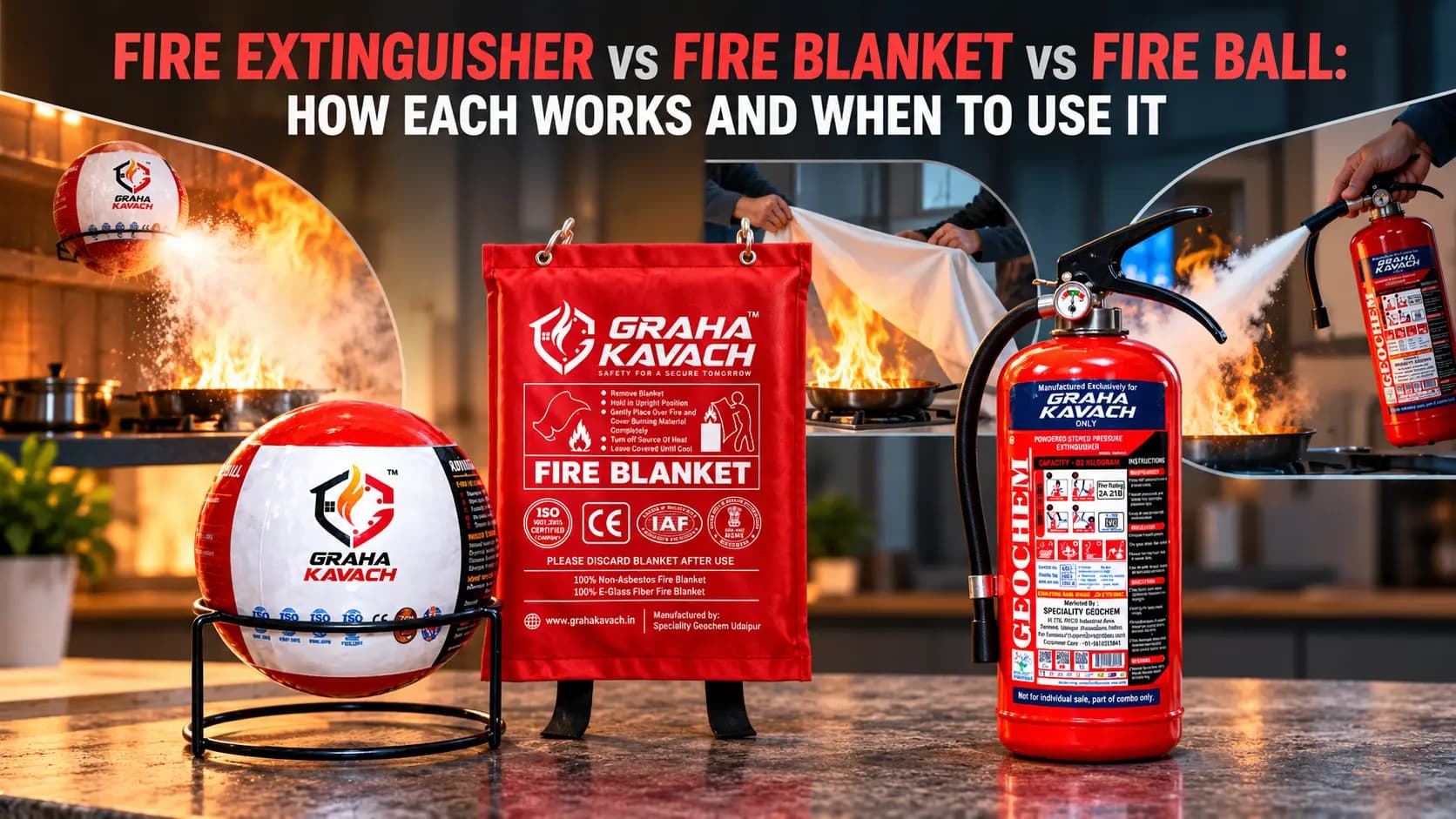Fire extinguisher, fire blanket and fire extinguisher ball compared side by side