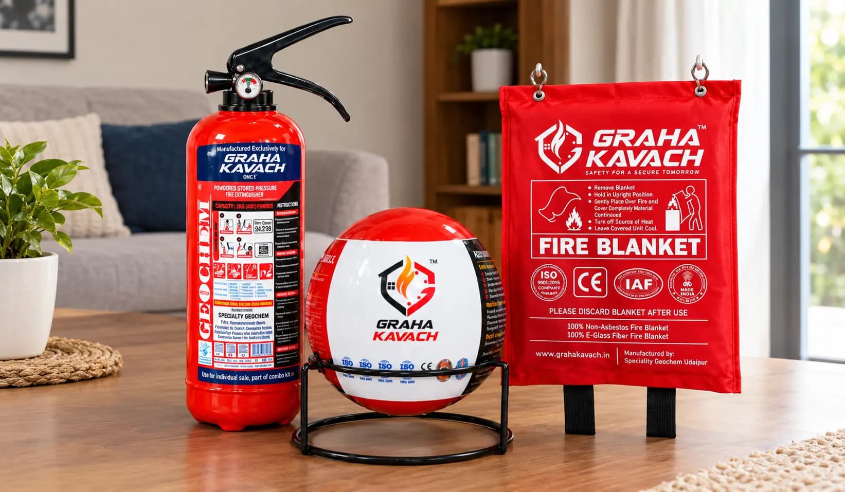 Graha Kavach home fire safety kit with fire extinguisher, automatic fire ball and fire blanket